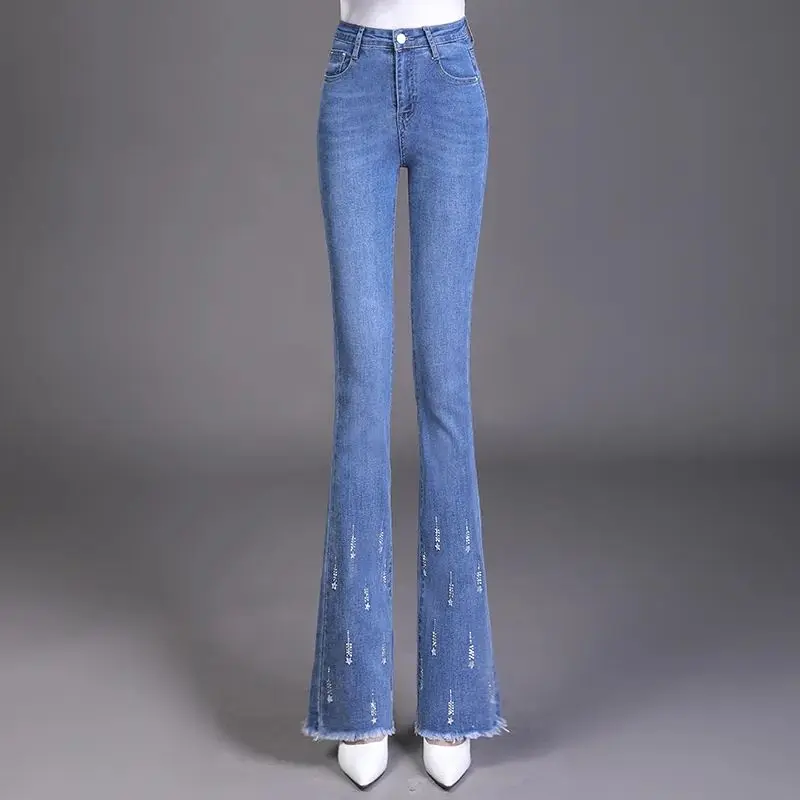 Celana Denim wanita, celana Denim wanita lurus kasual, celana Kantor kurus pinggang tinggi, rumbai, pakaian jalanan, Jeans Flare Mode Korea musim semi musim gugur