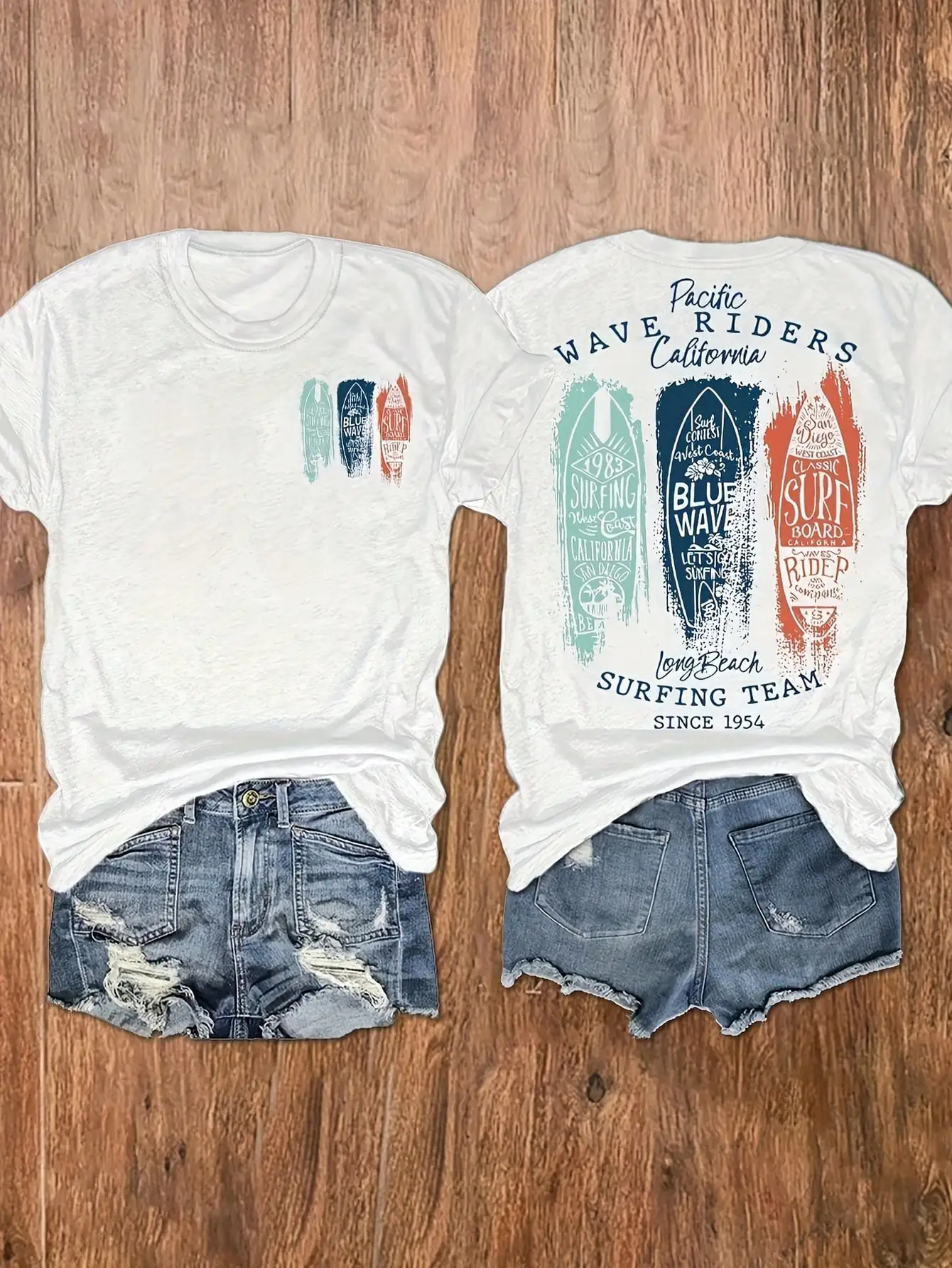 

Plus Size California West Coast Surfer Surf Team Vintage Surfboard Design Women's Casual Round Neck Short Sleeve T-Shirt