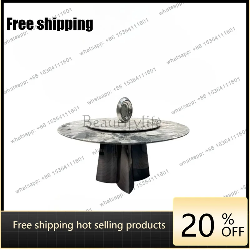YJ light luxury modern gray natural marble round dining table high sense simple household round table with turntable