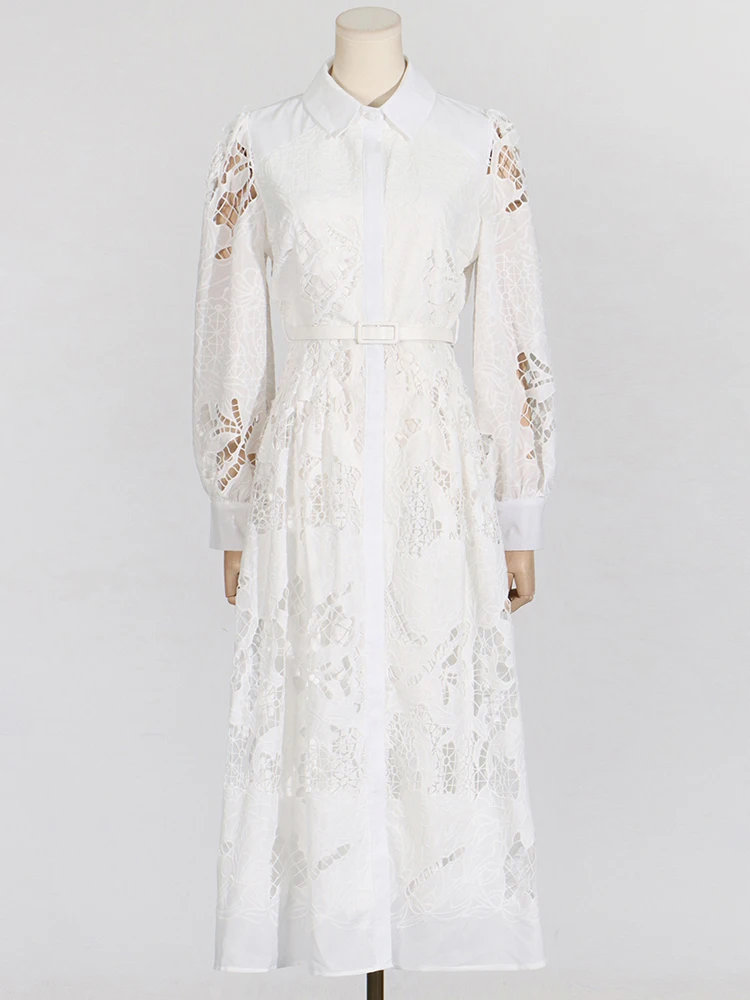 Elegant Hollow Out Embroidery Dresses For Women Lapel Long Sleeve HighWaist Spliced Belt Temperament Dress Fashionwoman clothing