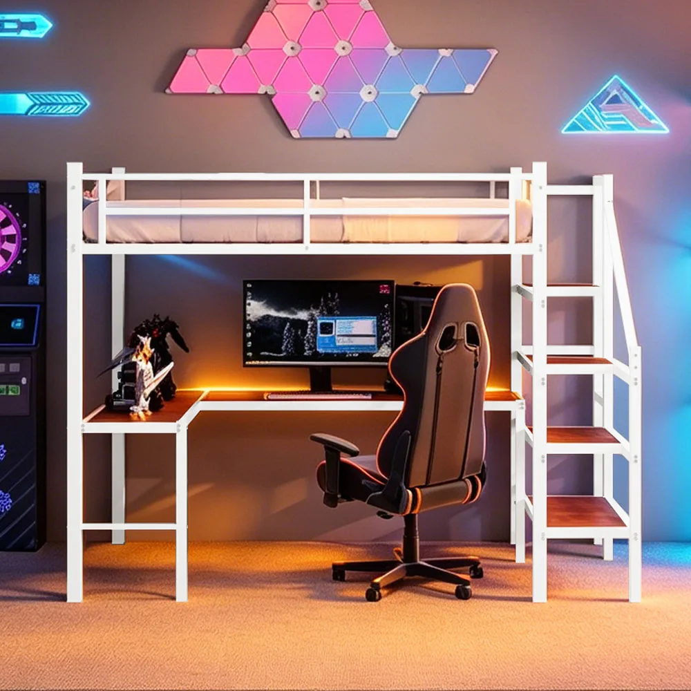 90x190cm Hohes Hochbettgestell mit L-förmigem Schreibtisch, platzsparendes Einzel-Hochbett mit Treppe, durchgehenden Sicherheitsgeländern, geräumigen Ablageflächen und Staufächern, stabiles Hochbett für Schlafzimmer, Teenager- und Erwachsenen-Schlafzimmermöbel – Detail 17