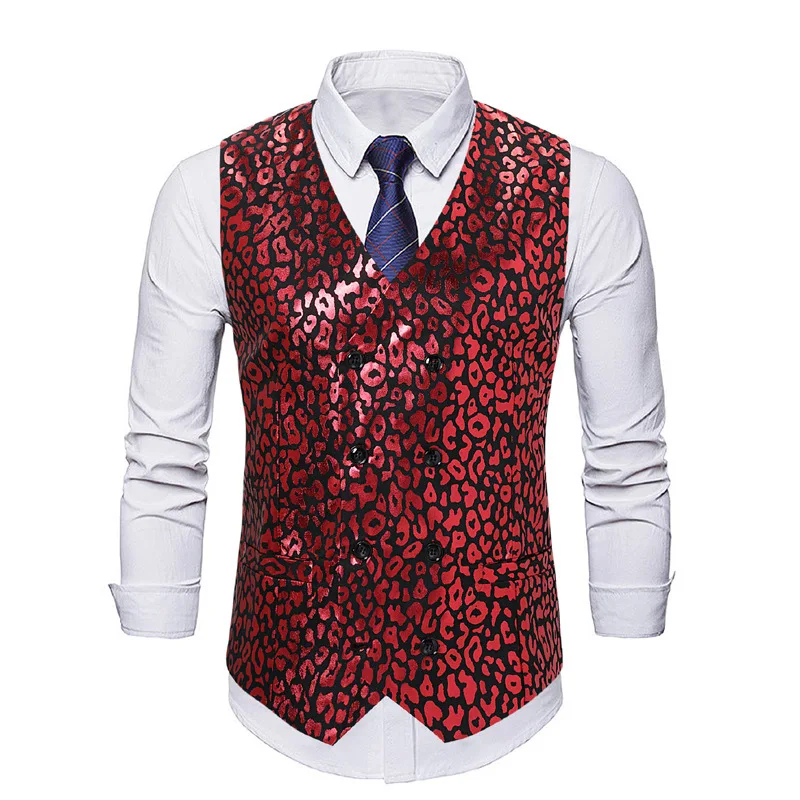 

Red Sexy Leopard Suit Vest Men 2023 Brand Slim Fit Double Breasted Vest Waistcoat Men 70s Disco Party Vests Gilet Costume Homme