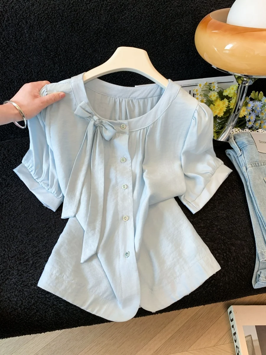 

Sweet Knot Short Sleeve Shirt Women's Summer New Style Ultra Popular Ageless Loose Slimming Top Breathable Cotton P...