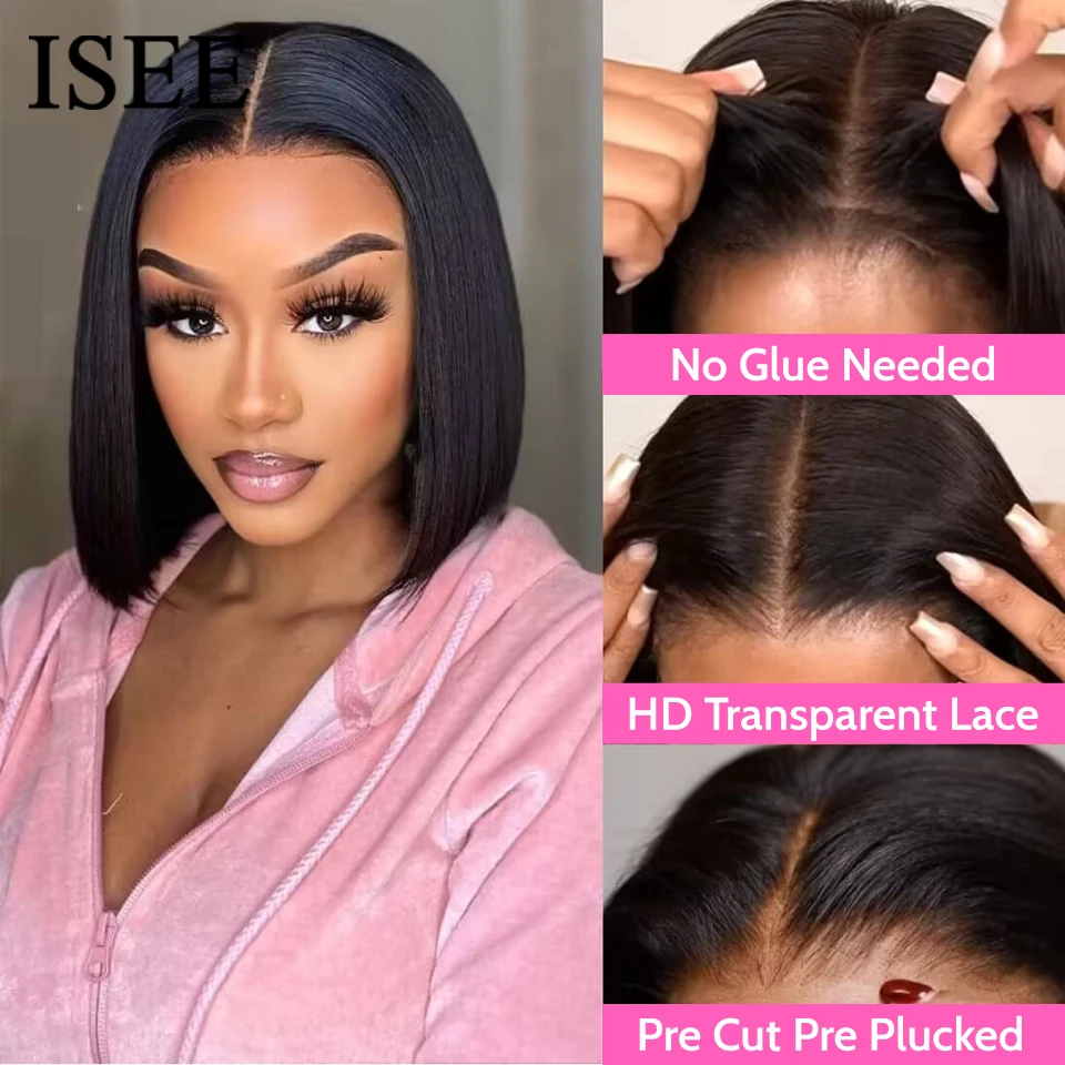 Glueless Bob Wigs ISEE Hair 4X4 Transparent Lace Closure Straight Wig Wear And Go Pre Cut PrePlucked Lace Front Human Hair Wigs