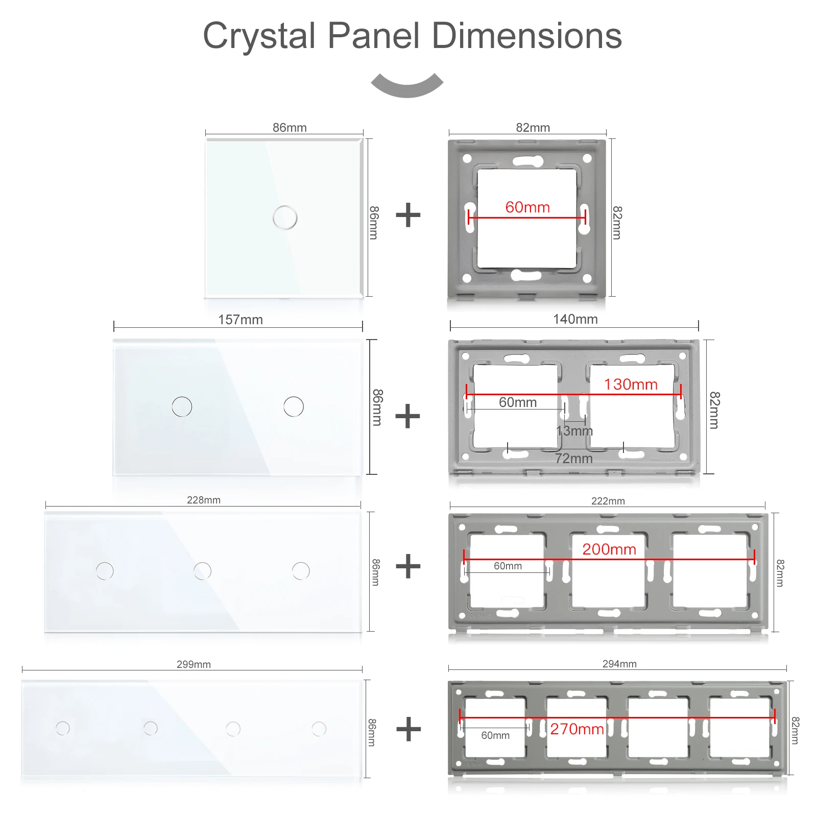 BSEED EU Standard 86mm Pearl Crystal Glass Single Panel With Metal Frame White Black Glod Grey Color Wall Touch Switch DIY Part