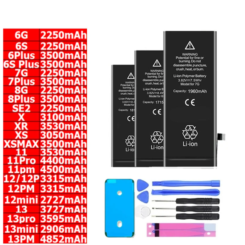 High Capacity Bateria Sticker Free Tools For IPhone 7 8 SE 2 4 4S 5 5S 5C 6 6S Plus X XR XS 11 Pro Max New 0 Cycle Battery