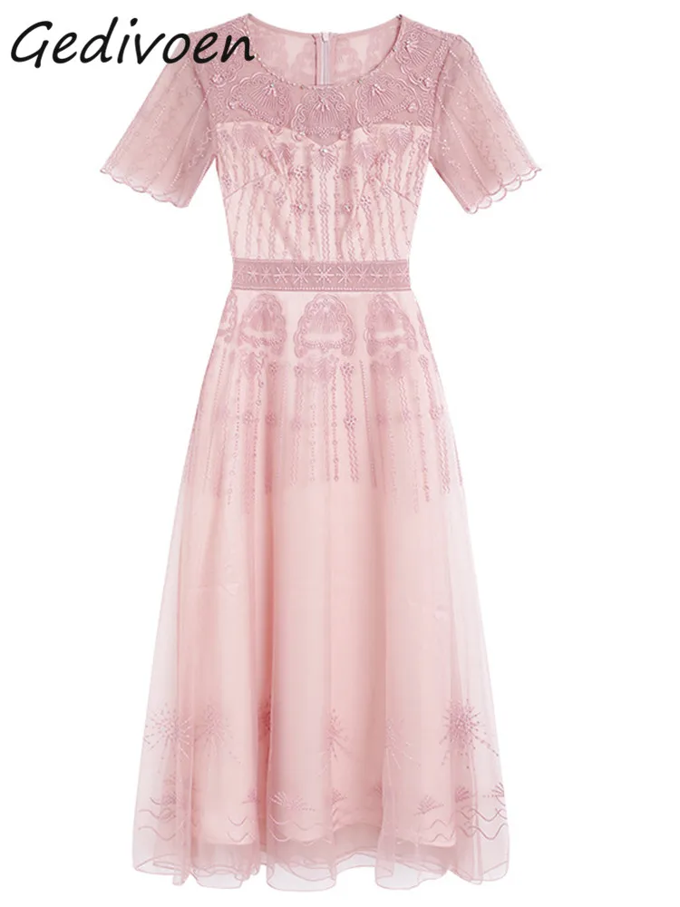 Gedivoen Summer Fashion Runway Elegant Pink Midi Dress Women's O-Neck Beading Gathered Waist Embroidery Perspective Mesh Dress