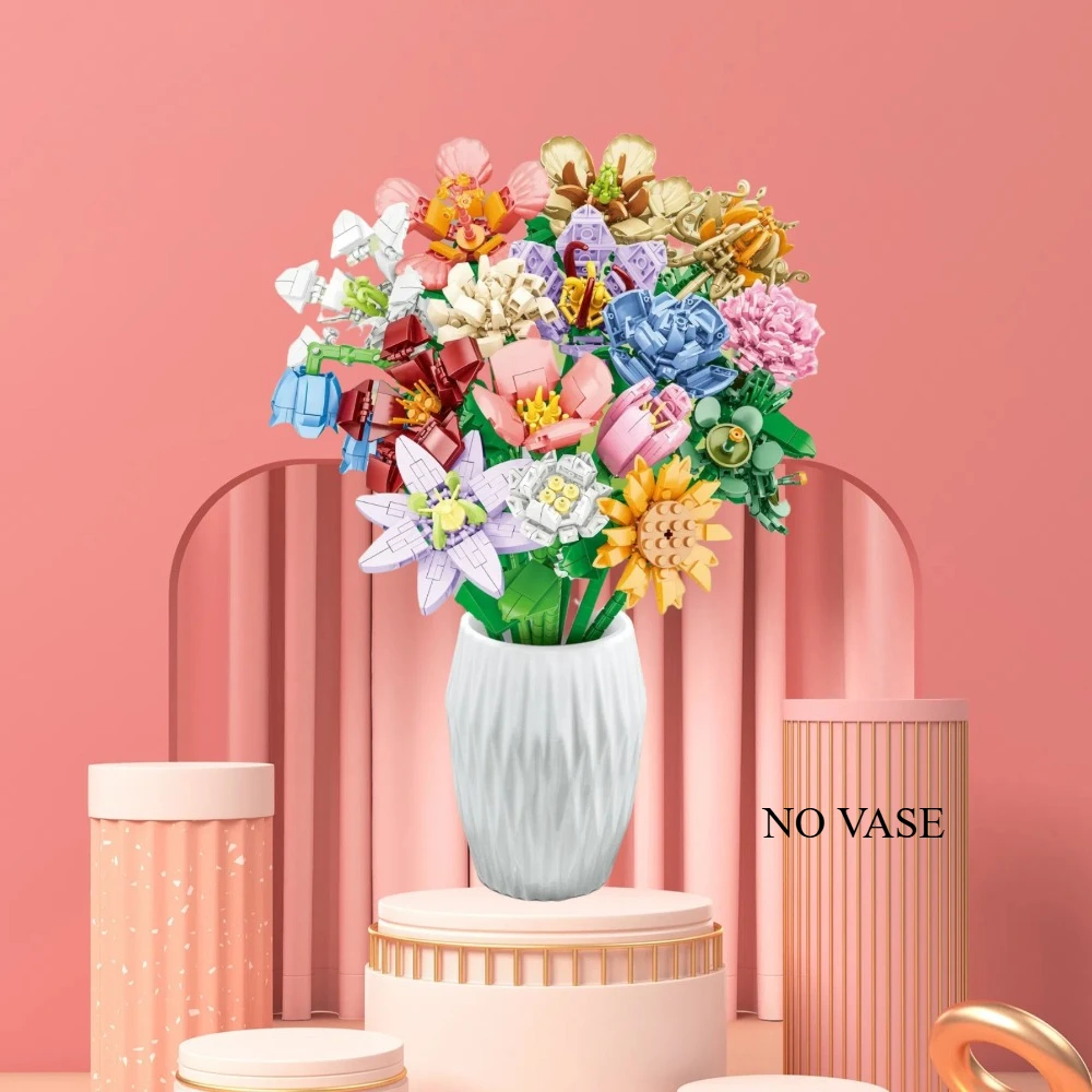 

MOC Tulip Clematis Rose Carnation Flower Bouquet Building Blocks Set Garden Vase Replacement Toys Gift For Birthday Dropshipping