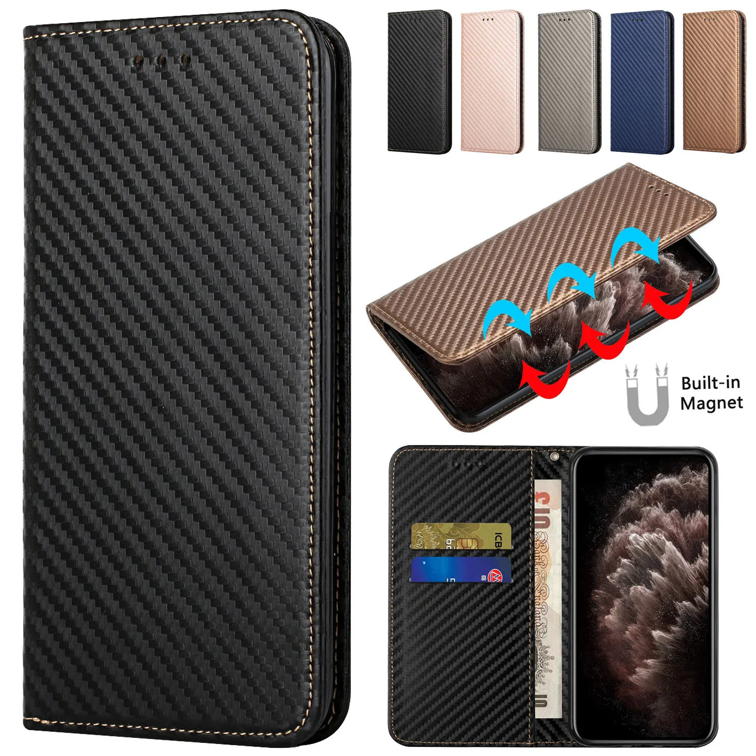 Luxury Carbon Fiber Phone Case For Samsung Galaxy S23 S24 S20 S21 FE S22 Plus Note 20 Ultra Cover Wallet Card Slot Flip Leather