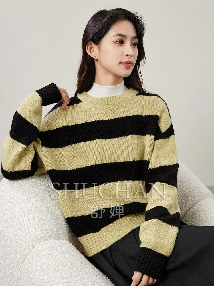 Classic Stripes Wear 1OO% Wool Wide Stripes Loose Crew Neck Knitted Sweater Women Winter Long Sleeve Top Pullover