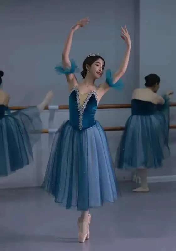 전문 발레 스커트, 성인 대회 댄스 의상, 네이비 블루 어린이 거즈 긴 푹신한 스커트, 발레