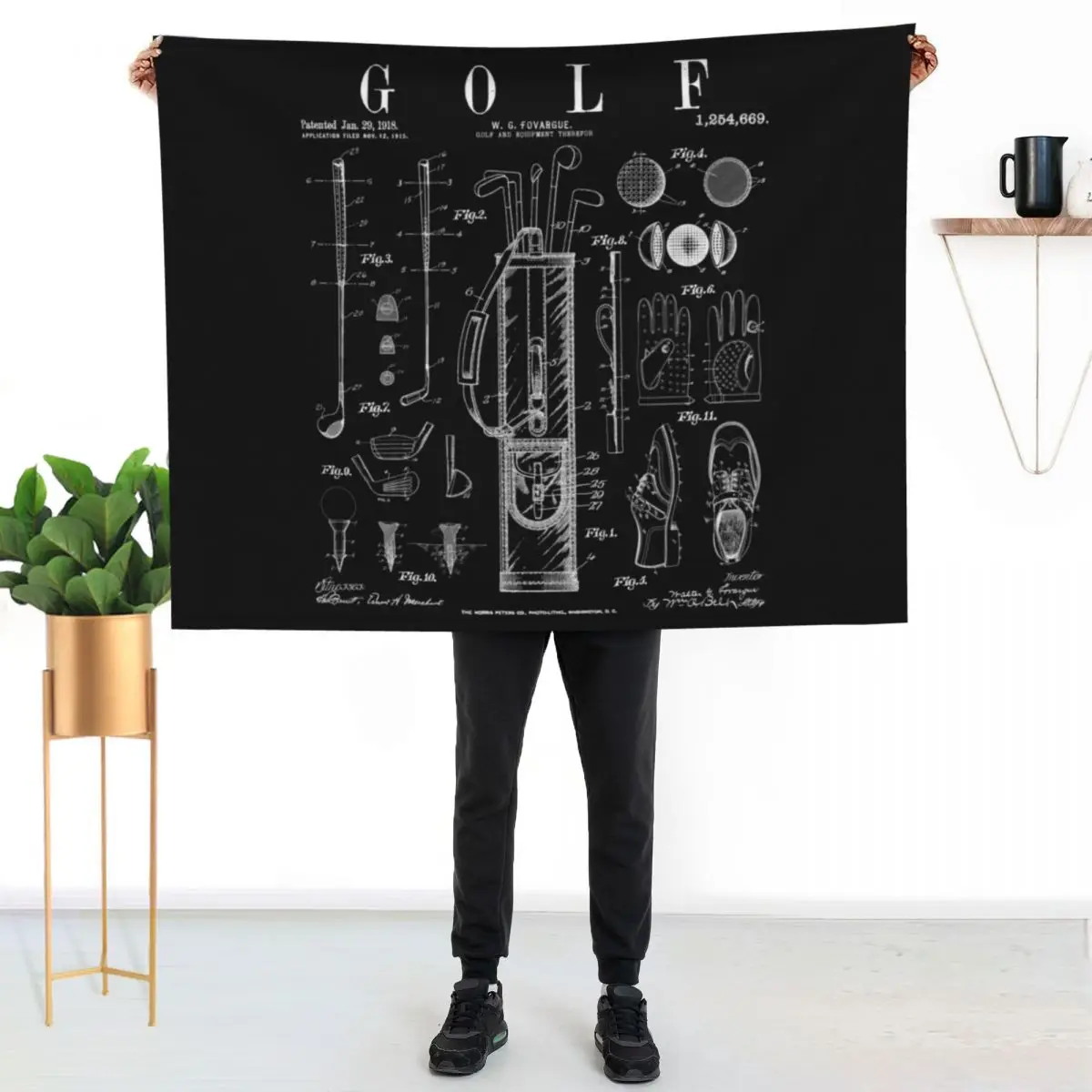 Golf Club Golfer Old Vintage Patent Drawing Print Throw Blanket Warm Comfortable Blanket for Office Napping