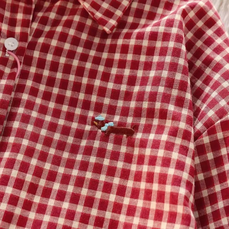Deeptown Red Plaid Women Shirts Vintage Dog Embroidery Long Sleeve Korean Fashion Blouses Oversized Preppy Casual Basic Trendy