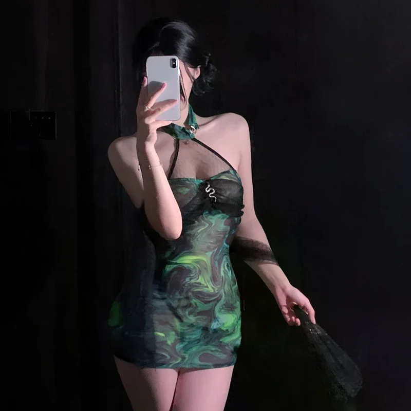 

Sexy Lingerie Sleeveless Retro Mesh Halter Nightdress See-through Pure Desire Women Pajamas