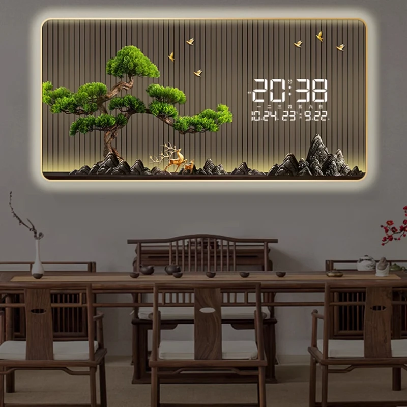 Simple Wind Decorative Painting LED Electronic Clock Living Room Small Fresh New Mural Clock with Calendar Background Light
