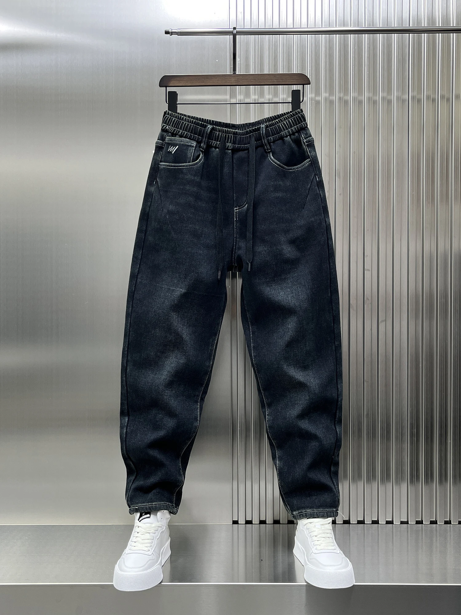 

Мужские джинсы Wenmi Fce с подкладкой, синие, из денима, свободного кроя, зимние, новые, молодежные, модные, износостойкие