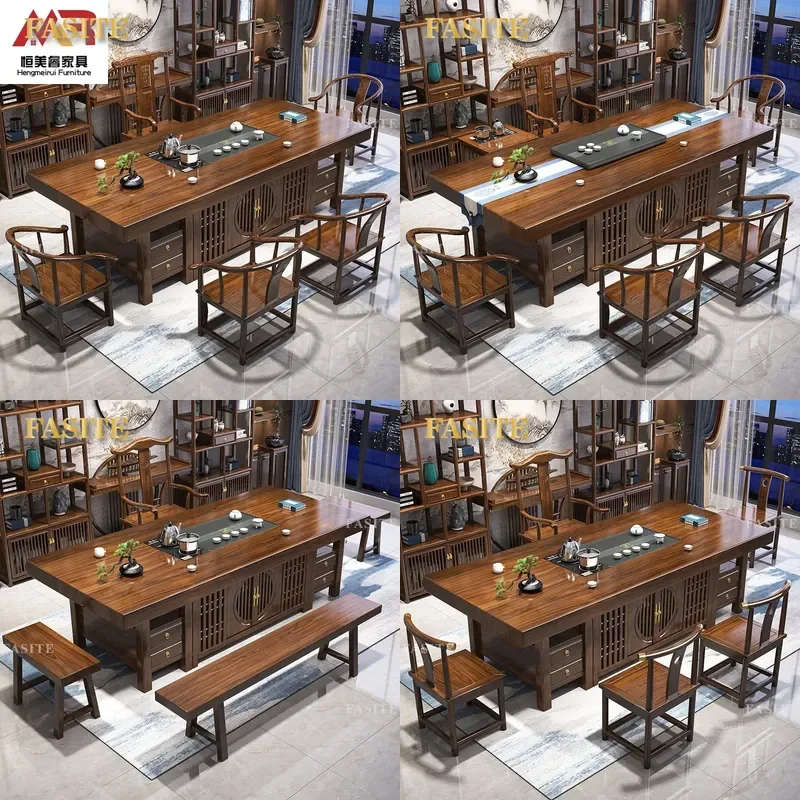 For New Chinese Style Solid Wood Large Board Tea Table and Chair Set Office Zen Brewing Table with Drawers Furniture