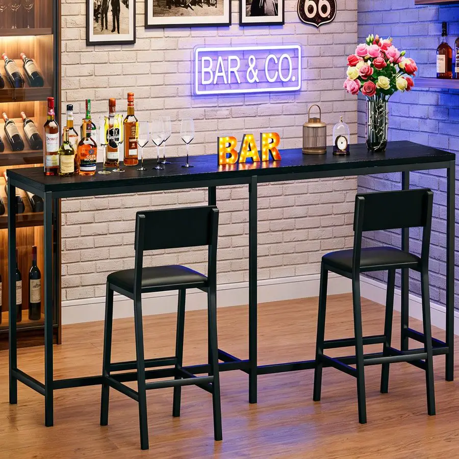 

Комплект стола и стульев, 3-предметный трансформируемый L-образный кухонный стол с 2 барными стульями из искусственной кожи, небольшой обеденный стол высотой 63 дюйма для барной стойки