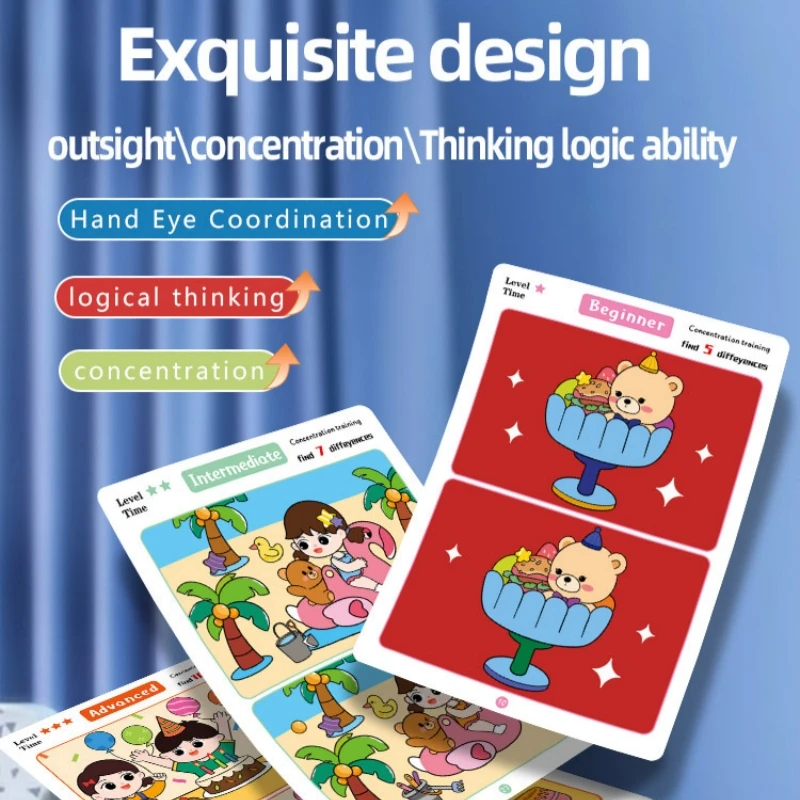 Find Differences Card Game Reusable Cartoon Educational Puzzle for Kids Three Difficulty Levels for Focus Attention Training view 2