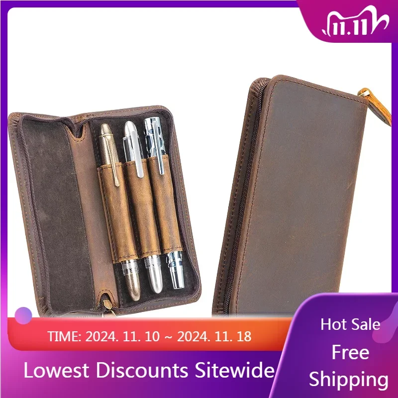 

Luxury Pencil Bag Portable Crazy Horse Leather 3 Slots Fountain Pen Case Retro Pen Pouch Office Students Cowhide Stationery