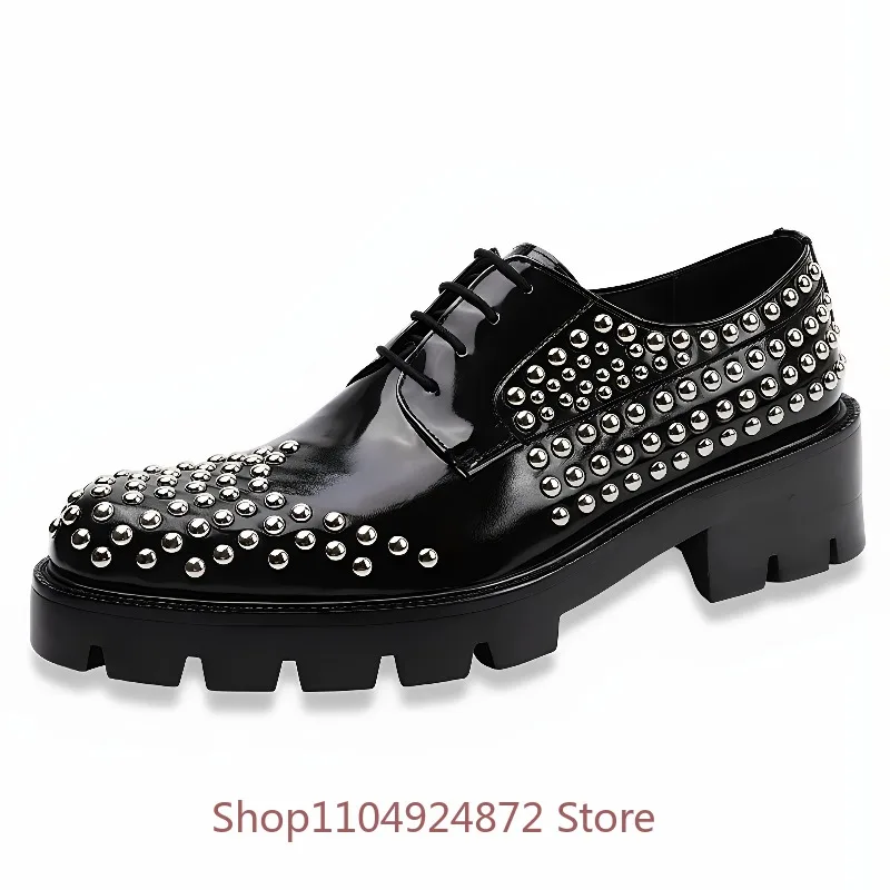 Designer Luxury Thick Soled Dress Leather Shoes Men's Cowhide Trendy Metal Rivets Genuine Leather Business Casual Platform Male