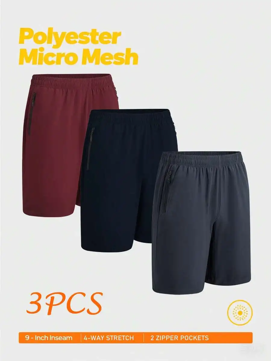

3-Pack Mens 2-Way Stretch Casual Shorts With Zipper Pockets Elastic Drawstring Waist 9 Inch Inseam