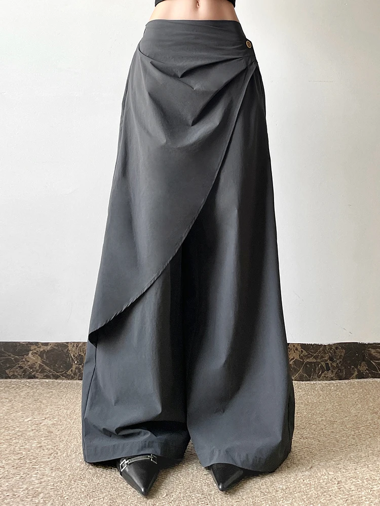 กางเกงลำลองเอวสูงทรงสลิมสไตล์เรโทรแฟชั่นต้นฤดูใบไม้ร่วง WEIRD PUSS กางเกงลำลองเอวสูงทรงไม่สมมาตรสำหรับผู้หญิง