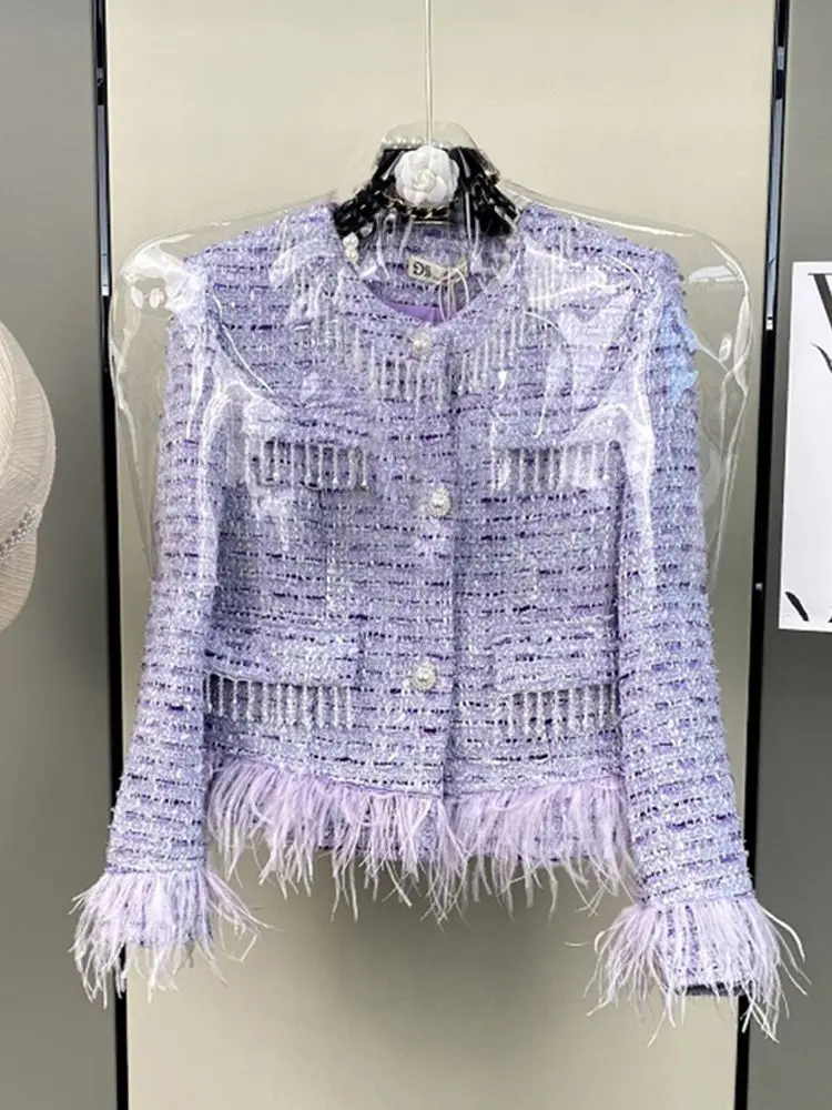 High Quality Elegant Violets Tweed Women Set Single-breasted Feather Beaded Tassel Jacket & High Waist Shorts Suit Fashion Party