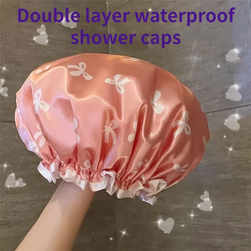 1pc Double Layer Shower Caps Printed Bonnet Waterproof Bath Caps Reusable Shower Caps Hair Hat For Women Ladies Spa Salon