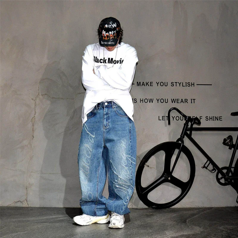 Vintage Distressed Letter Ripped Wide Leg Jeans Men, Vibe Stylish Loose Straight Plus Size Pants