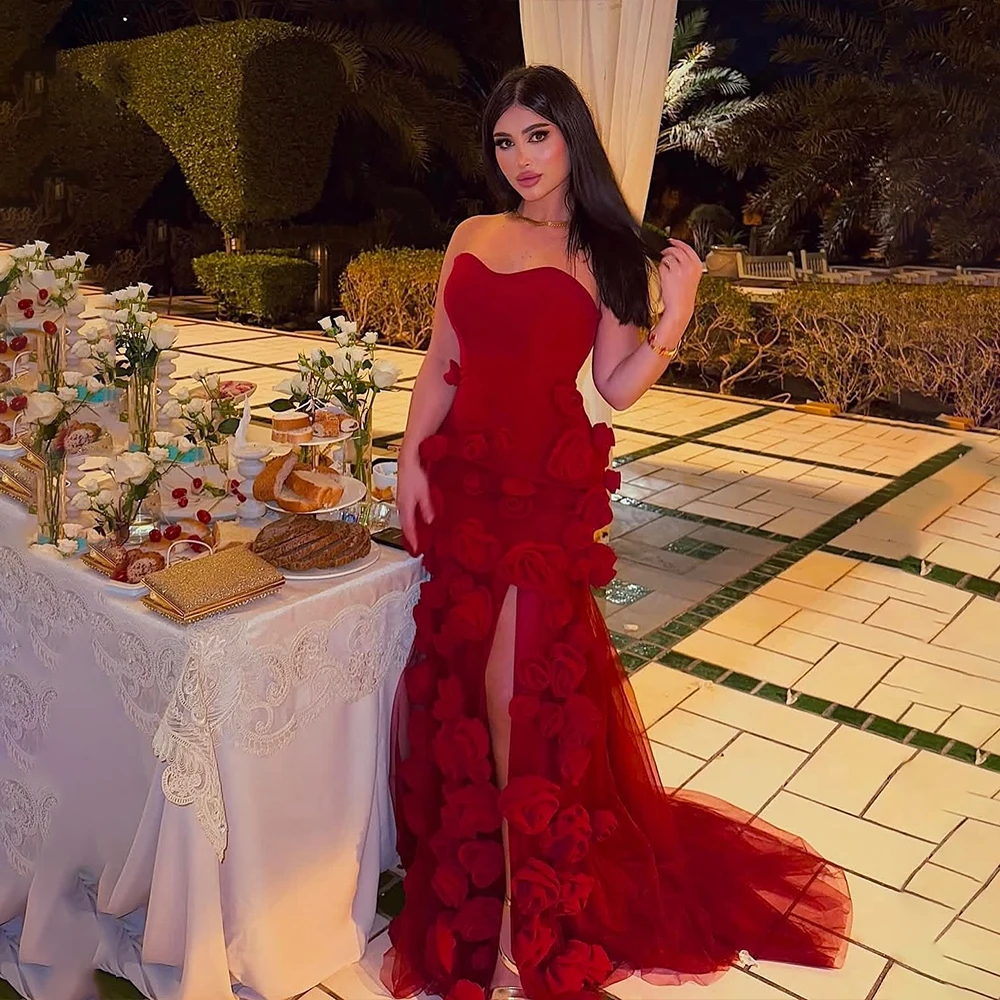 

Red Evening Dresses Strapless Mermaid Wedding Reception Dress High Slit Prom Party Dress Flowers Customized robes de soirée