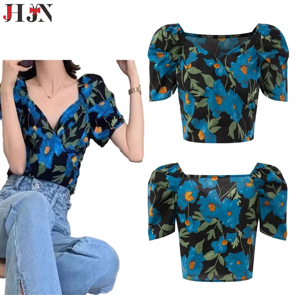 JHJN 2025 Zomer Vrouwen kleding V-hals T-shirt Mode Retro High-end Gedrukt Luxe Korte Mouw Sleutelbeen Sexy Slanke T-shirt
