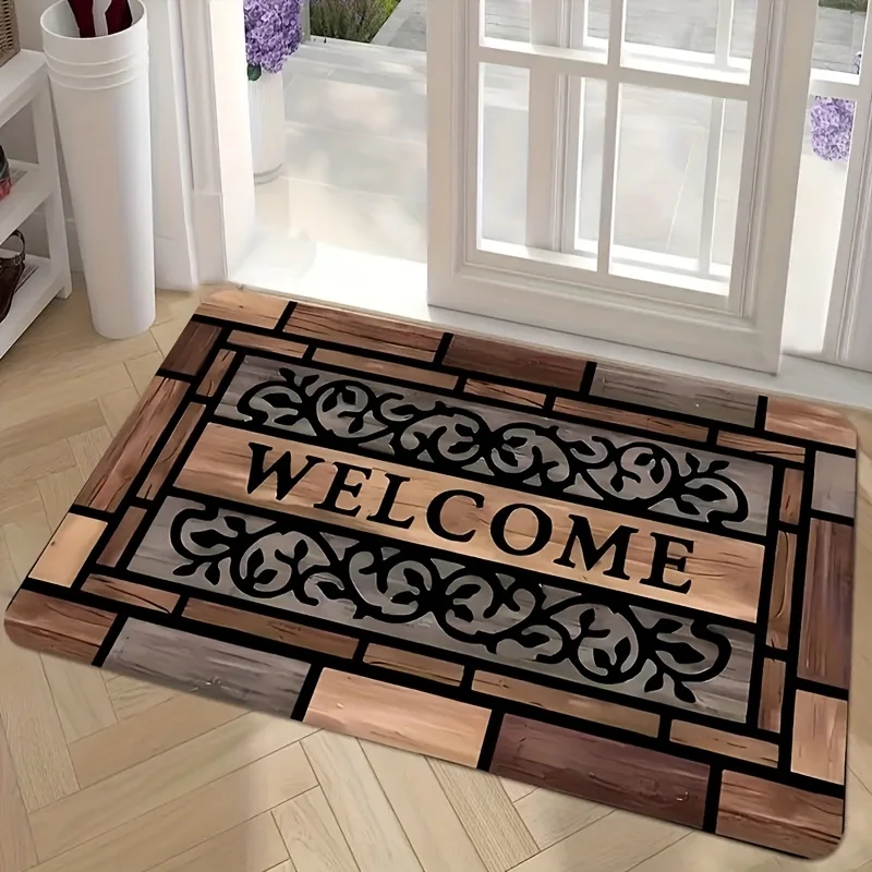Welcome Wood Grain Pattern Flannel Rug Non-Slip Absorbent Entrance Mat for Front Door Hallway Home Decor 60x90cm