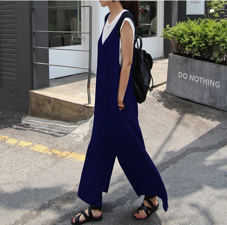 Luźny kombinezon damski z szerokimi nogawkami, letni, casualowy, z dekoltem w serek, spodnie typu overalls z wysokim stanem, z mieszanki bawełny, z detalami na zapięcie na zatrzaski, idealny do pracy.