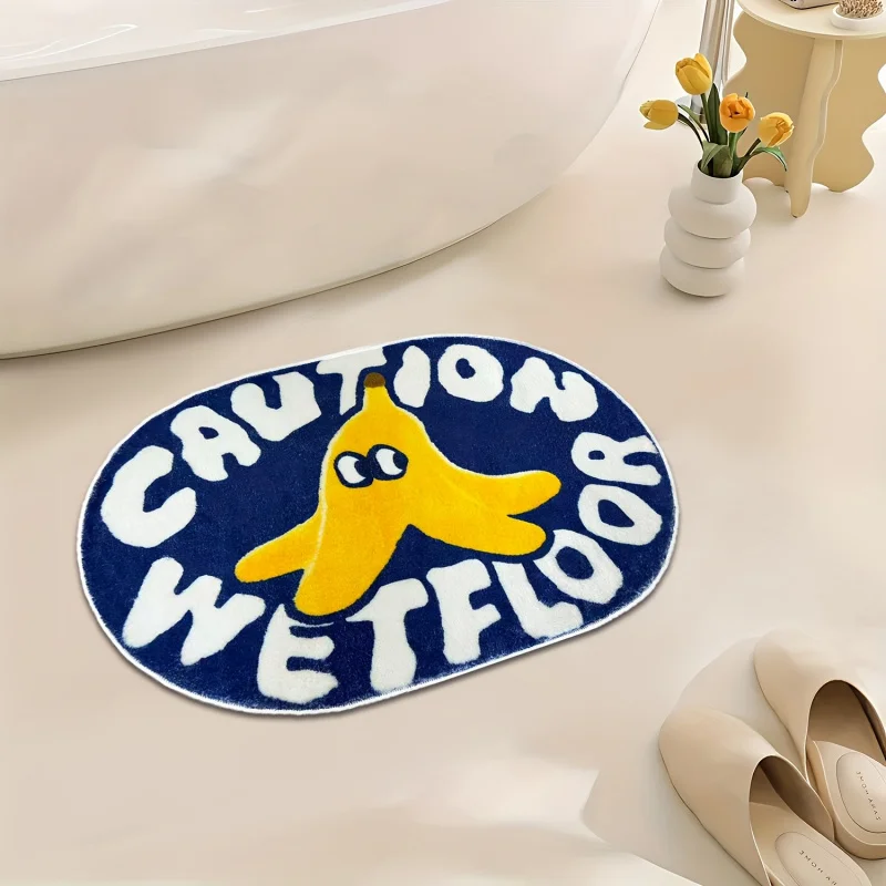VIKAMA Cartoon Banana Bath Mat in Deep Blue and Yellow Colourway Absorbent and Non-Slip Bathroom, Kitchen and Home Floor Mat