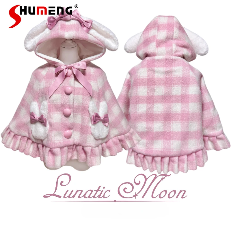 

Japanese Lolita Soft Girls Kawaii Pink Plaid Hooded Cloak Winter New Women's Sweet Bow Single-Breasted Short Woolen Jacket Capes