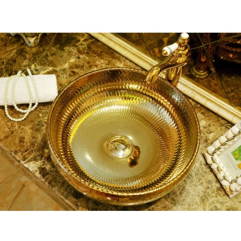 ceramic art basin, golden washbasin, countertop basin, round  bathroom washbasin, household use