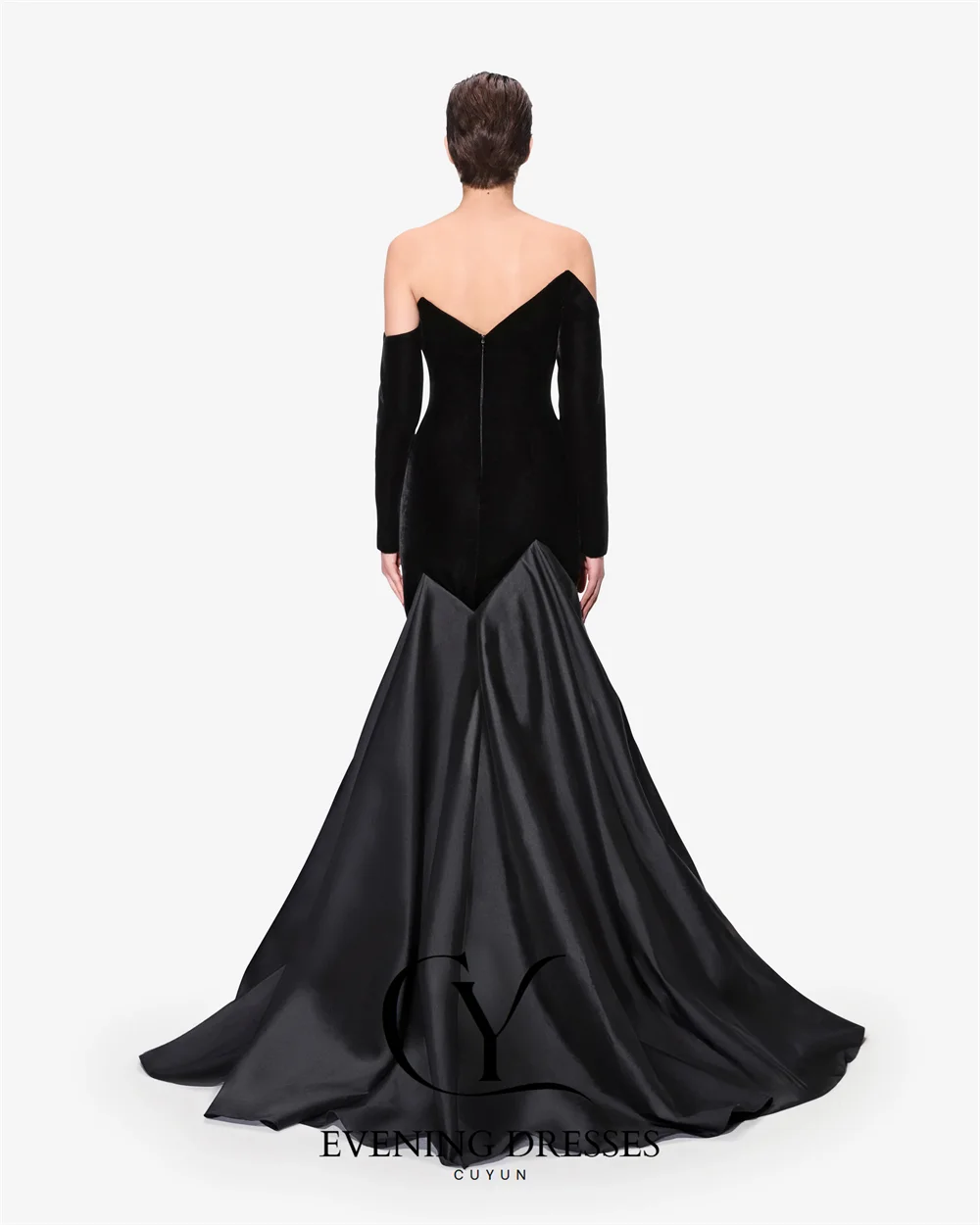 CUYUN Formal Evening Dresses Women Off the Shoulder Long Sleeves Party Dresses Customized A Line Patchwork Prom Gown