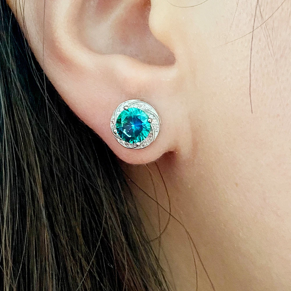 Solid 925 Sterling Silver Lab Blue Green Moissanite Diamond Stud Earrings for Women Super Sparkling Wedding Jewelry Gifts
