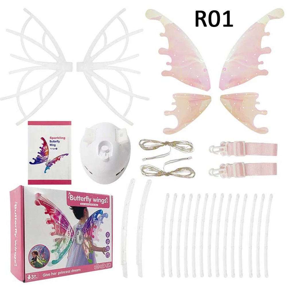 Asas elétricas de borboleta com luzes de música para meninas, vestido brilhante e brilhante, asas de fada em movimento, aniversário e casamento, Natal