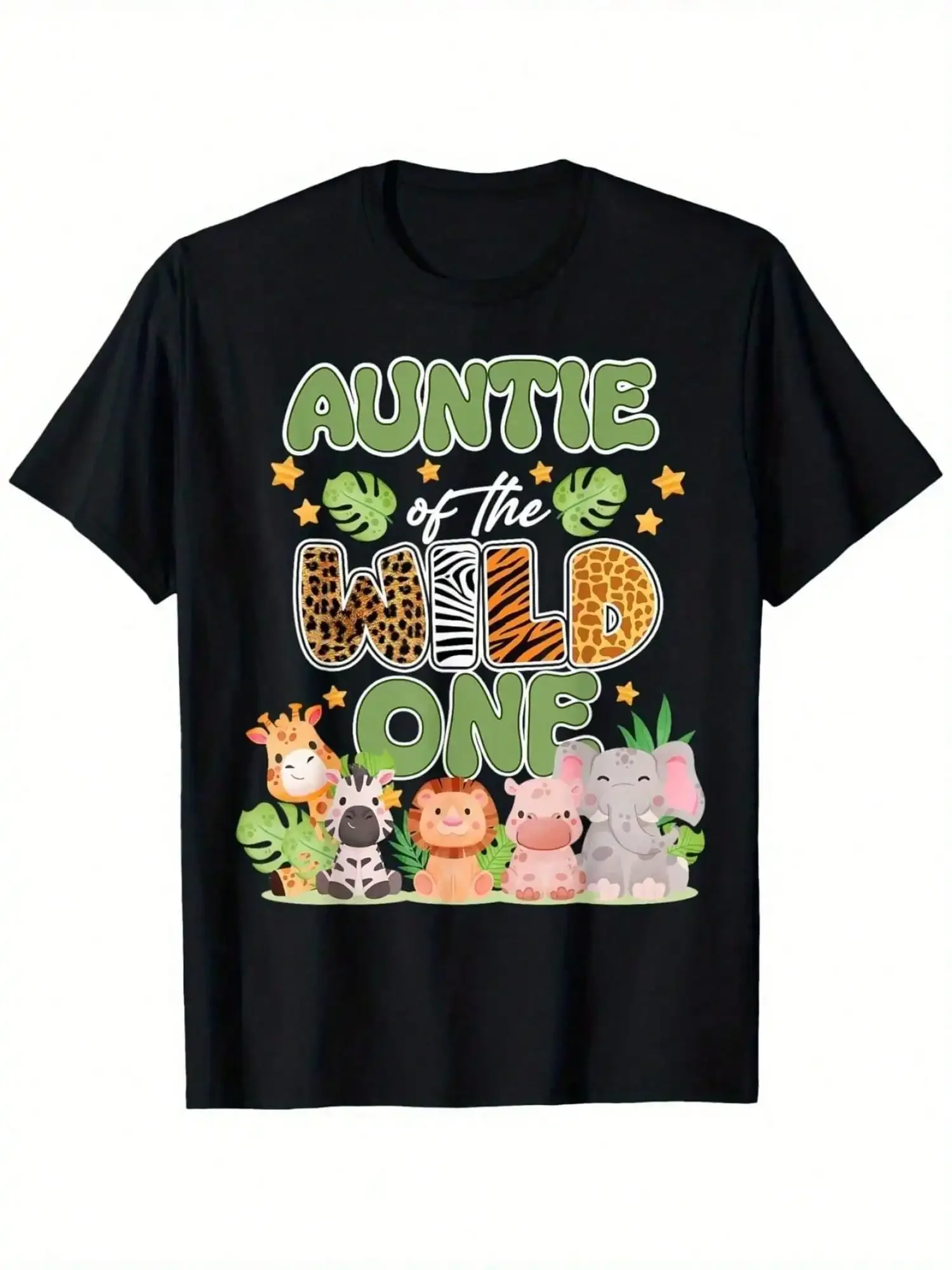 

Auntie Of The Wild One Family Matching T Shirt Adults 100% Cotton Short Sleeve Round Neck Fun Animal Print Design