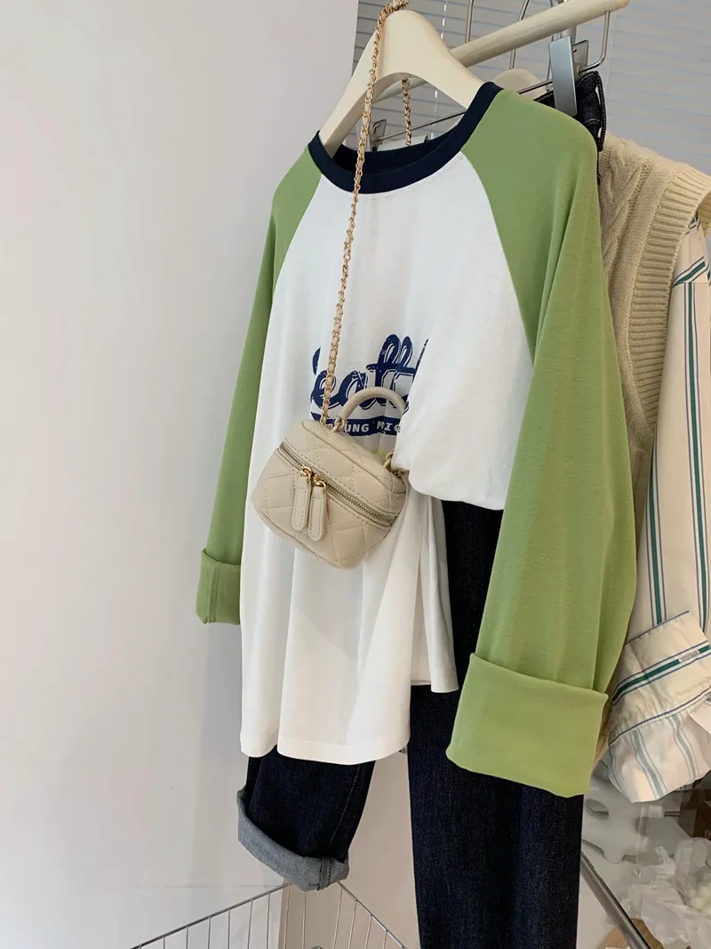 

plus Size 300 Pounds Women's Long Sleeve T-Shirt Korean Style Fashion Design Color Block Base Shirt Top Shoulder Insertion
