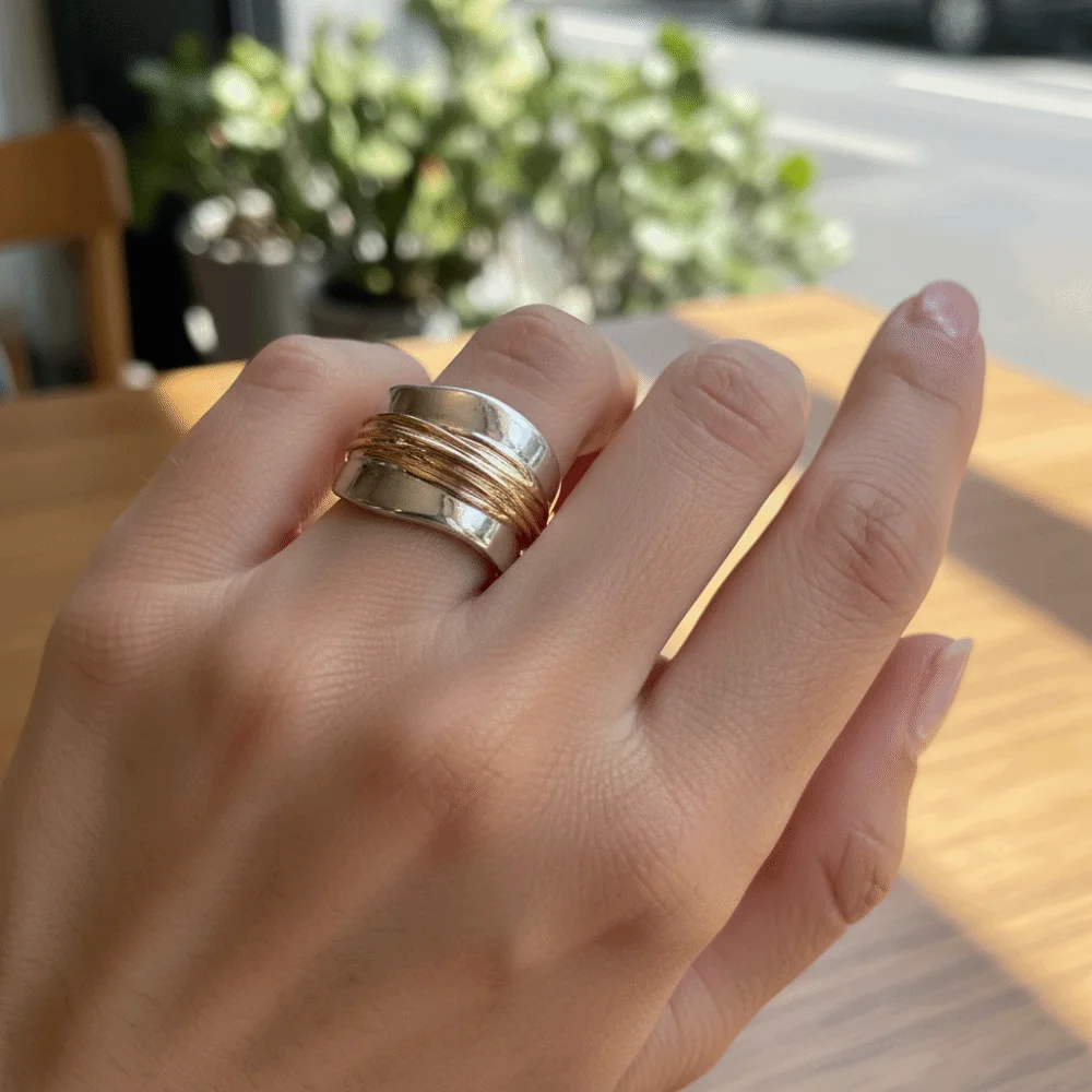 Double Layer Geometric Wide Face Ring Steel Wire Entwined Style Two-tone Ring Multi-loop Minimalist Punk Style Ring