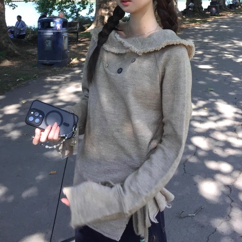 

Свободная толстовка с отложным воротником и рюшами на пуговицах, женская толстовка с длинными рукавами, осень 2022, новинка High Street, повседневный плиссированный пуловер на шнуровке