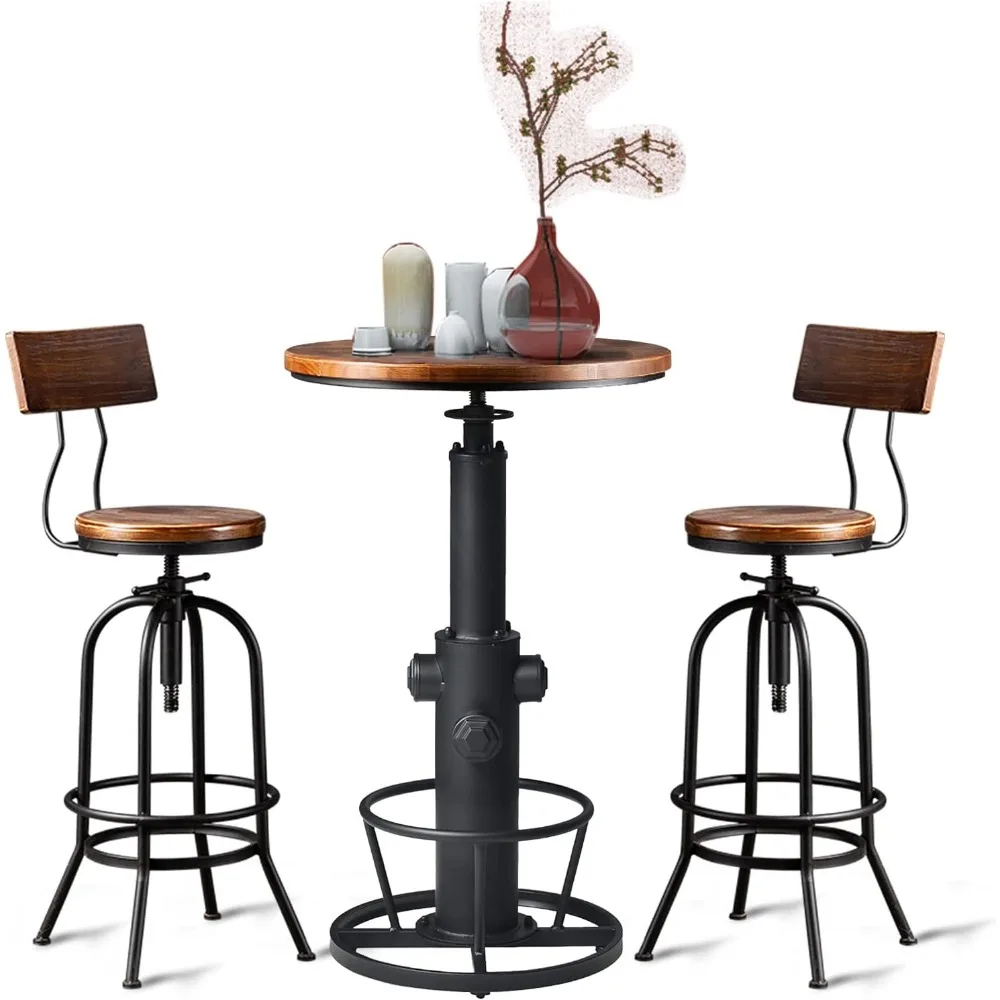 3-Piece Bar Height Table & Stools Sets for Cocktail Bistro Home Pub Party,Weld Metal Legs Round Wood Top,Rustic Brown Industrial