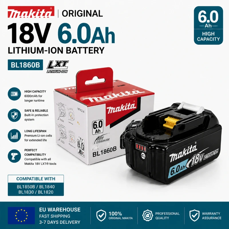 Original Makita 18V Akku 6000mAh Li-Ion BL1860B LXT Akku, Original-Akku kompatibel mit Makita BL1850 BL1840 BL1830 Elektrowerkzeugen, Hochleistungs-Akku mit langer Lebensdauer, EU Schnellversand 3-7