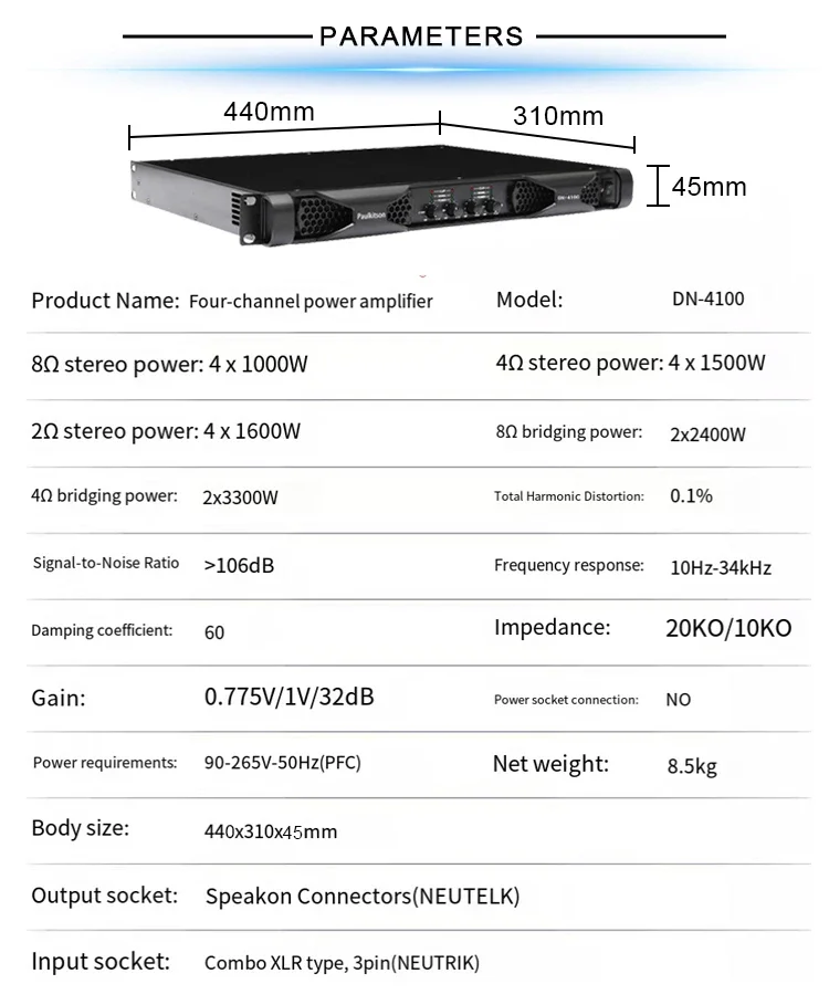 Paulkitson DN4100 4-Kanal Professioneller Digital-Leistungsverstärker Klasse-D 1U Rack-Mount-Verstärker 4Ω 4×2300W für Bühnenkonzerte und Live-Shows – Detail 11