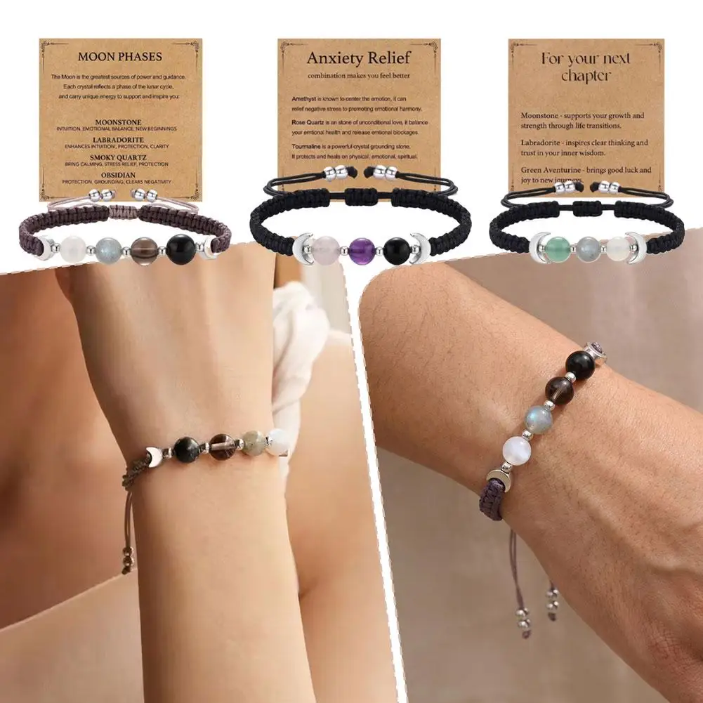 Mental Comfort Moon Shimmer Stone Wrist Bracelet Stretch Elastic Cord Obsidian Cat Eye Beads Ease Anxiety Calm Emotion Gear view 2