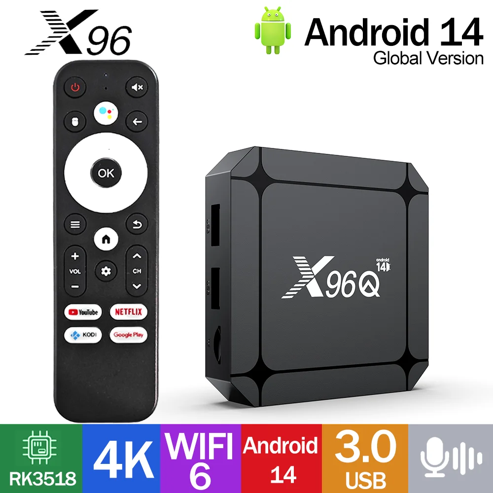 X96Q Rockchip RK3518 16G Smart TV Box Android 14 4K HD Set Top Box Wifi6 Streaming Media Player Google Voice Remote USB3.0 H.265