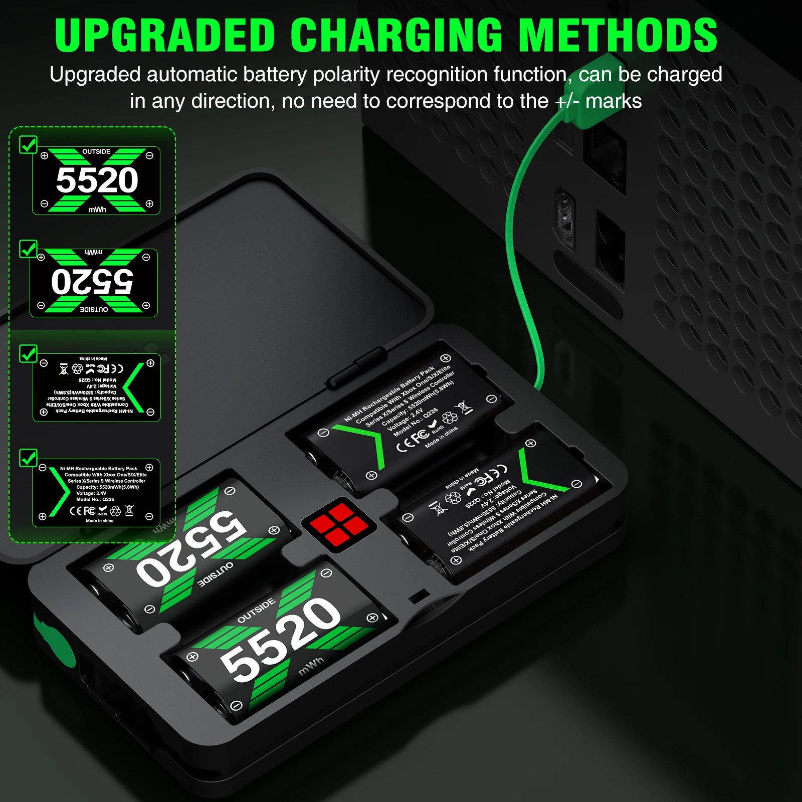 BEBONCOOL Rechargeable Battery Pack for Xbox One S/X/Elite Xbox Series S/X/Xbox One Controller 4X5520mWh Battery Charger